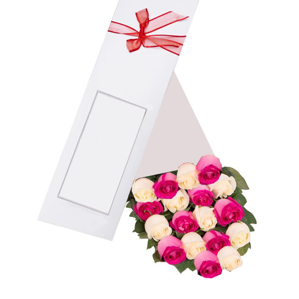 Caja de 18 Rosas Rosadas y Blancas 